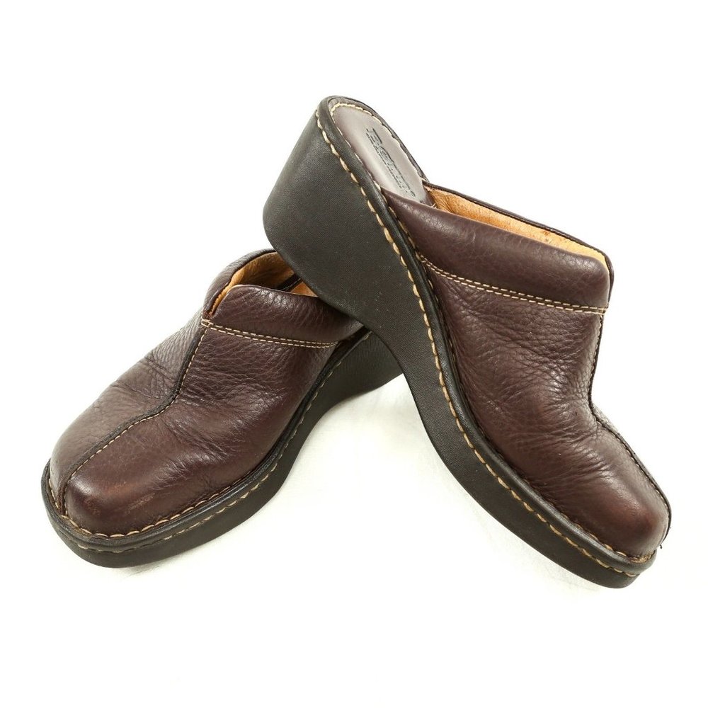 Born Brown Leather Wedge Heel Slip On Mules Shoes
